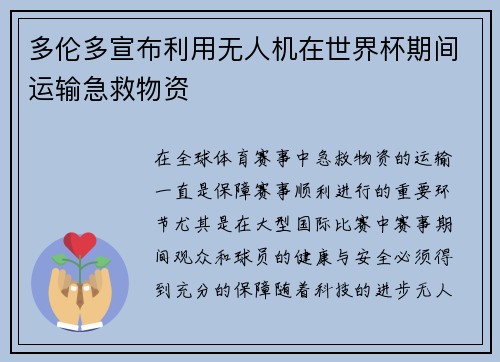 多伦多宣布利用无人机在世界杯期间运输急救物资