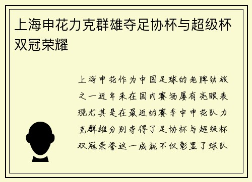 上海申花力克群雄夺足协杯与超级杯双冠荣耀 上海申花力克群雄夺足协杯与超级杯双冠荣耀