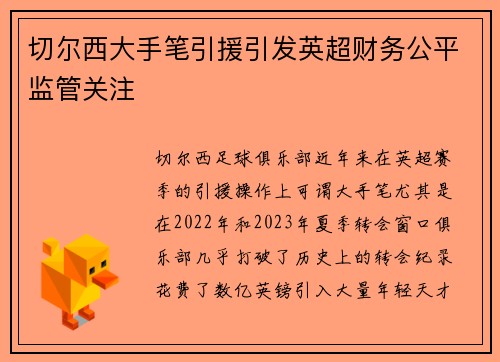 切尔西大手笔引援引发英超财务公平监管关注